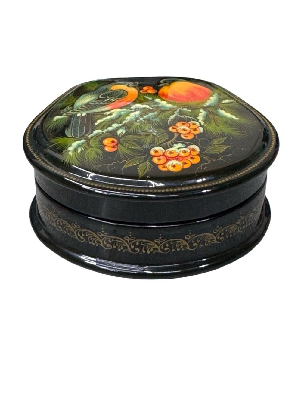 Russian Palekh Lacquer Box With Hand-Painted Birds & Berries Design